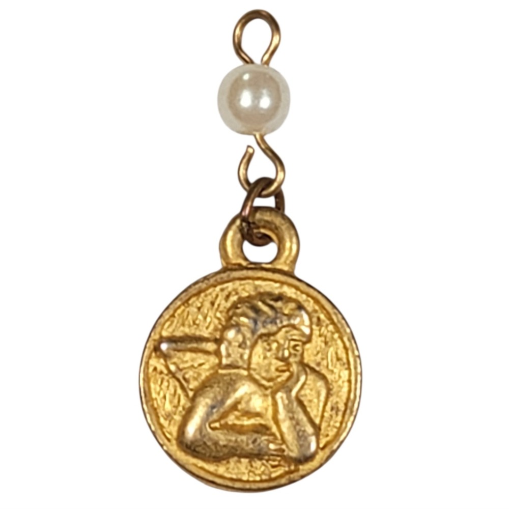 VTG 90s Pensive Cherub Medallion Pendant Faux Pearl Gold Tone Renaissance Angel